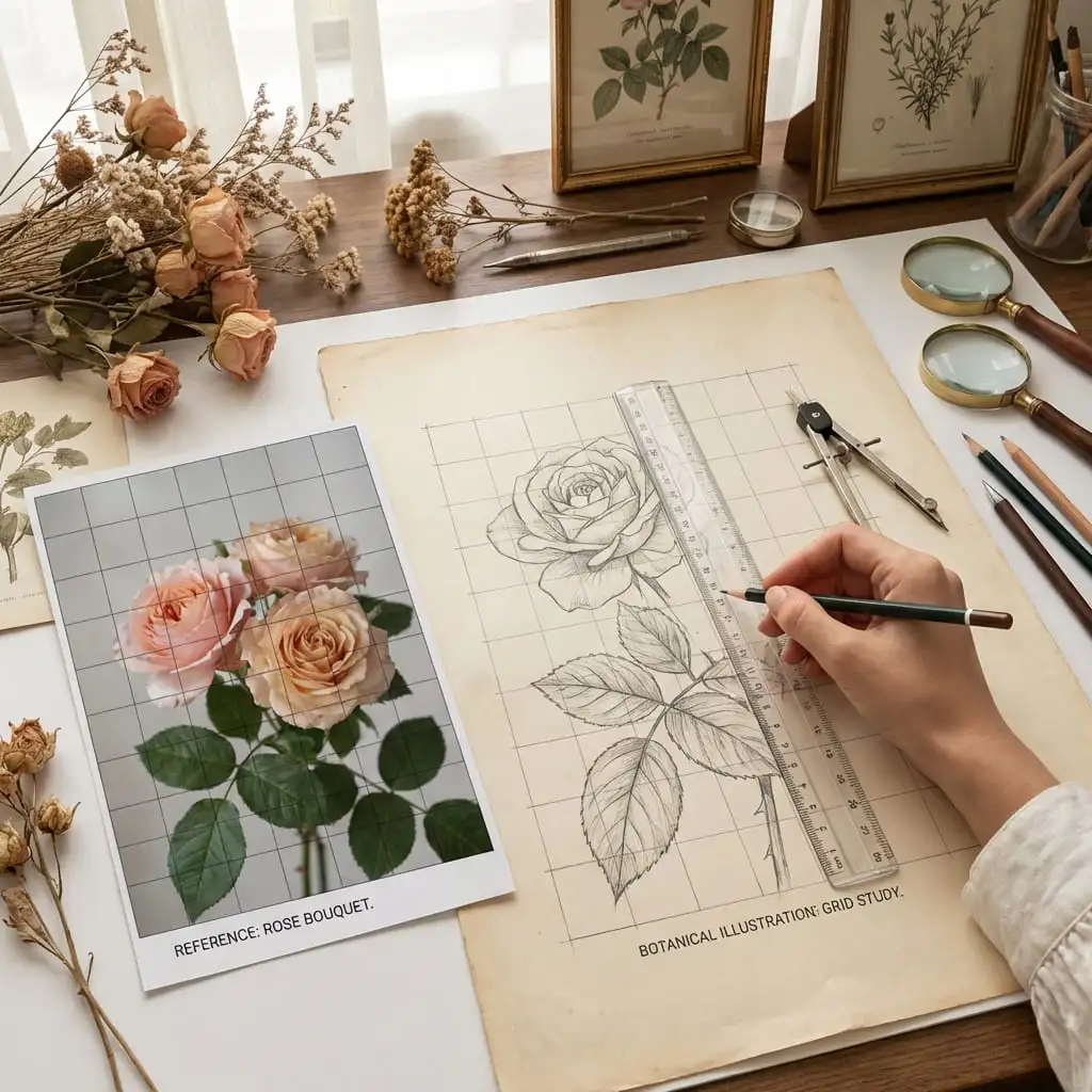 Botanical Art - Grid Drawing Example