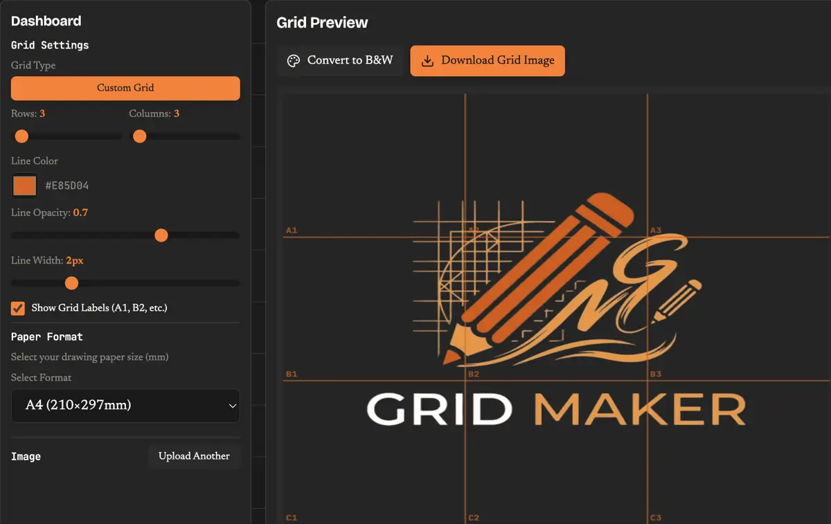 Free online grid maker interface showing a portrait reference with customizable drawing grid overlay